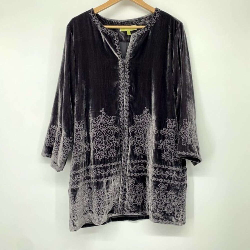 Sigrid Olsen Signature Gray Floral Embroidered Velvet Jacket Women's Sz M